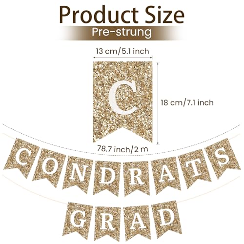 Image of Gold Congrats Grad Banner Garland, No DIY Required Pre-Strung Glitter Graduation Banners, Grad Congrats Class of 2026 Party Decorations for Graduation Party Supplies (Congrats Grad Banner)