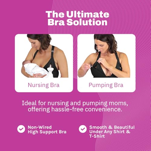 Nurturally Nursing and Pumping Bra, Adjustable Breast Pump Bra, Non-Wired Pumping Bra Hands Free, High Support Nursing Bras for Breastfeeding and Pumping, Breast Pump NOT Included | M, Black