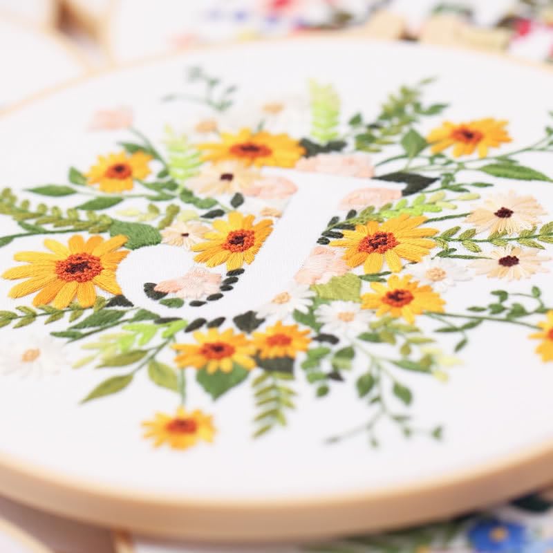 Image of artcici Embroidery Kits Plant Flower Letter J Patterns for Beginners Adults, Full Range Embroidery Starter Kits Cross Stitch Needlework Supplies (Letter J)
