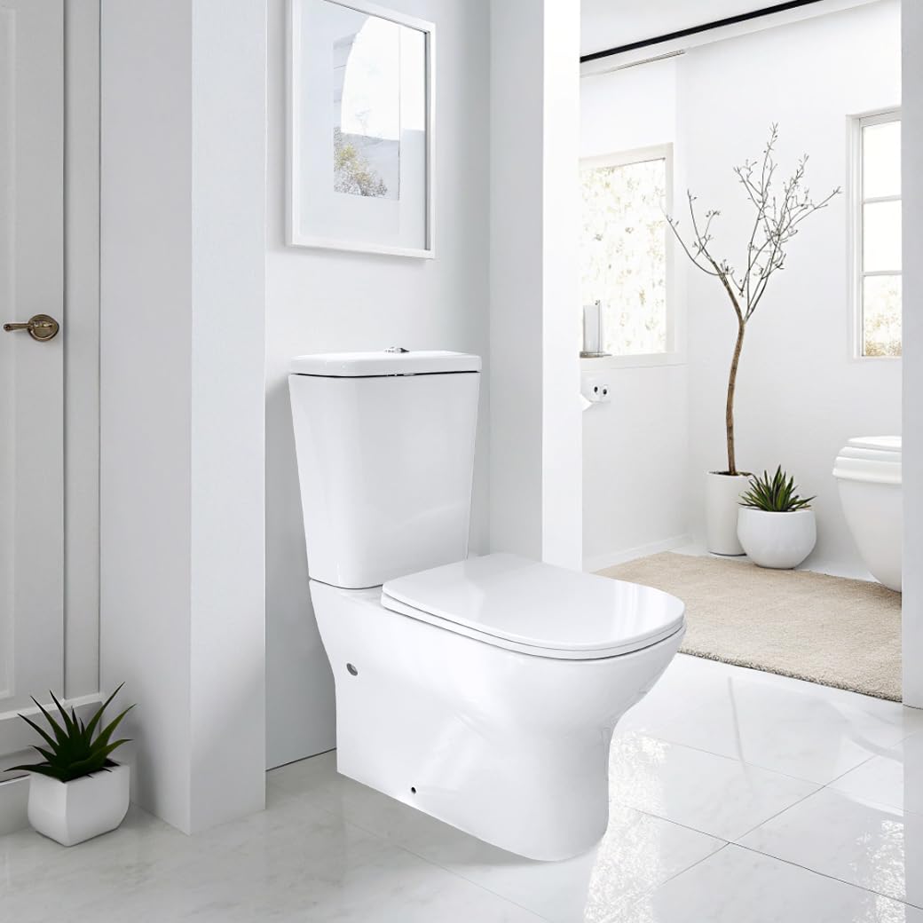 Inodoro Blanco, Wc Inodoro COMPLETO, Retrete para Hogar, Sistema RIMLESS ANTIBACTERIA, Tapa Dura Extrafina AMORTIGUADA, Salida Dual