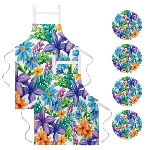 Lot de 2 tabliers de cuisine avec fleurs et feuilles pour bar et bistrot
