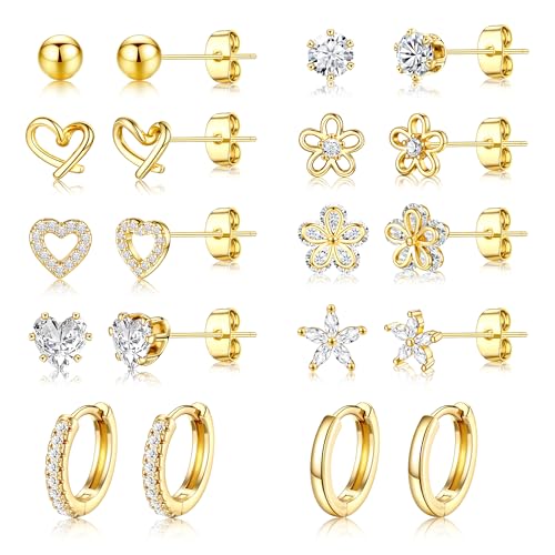 Small Gold Stud Earrings Set for Women - 14K Gold Plated CZ Huggie Hoops Hypoallergenic Earrings Dainty Flower Heart Stud Earring for Jewelry Gift