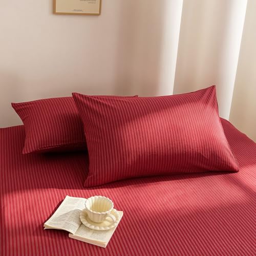 Image of PinkMemory Red Striped Duvet Cover King 100% Washed Cotton Vintage Stripes Bedding 3pcs Pinstripe Patterned Duvet Cover Set with Zipper Closure Corner Ties,Soft Breathable
