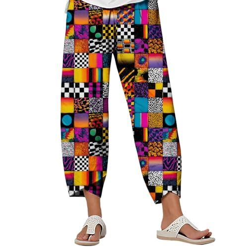 ZOCANIA Capris Linen Pants for Women Geometry Pattern Baggy Cropped Wide Leg Casual Beach Trousers Pants for Vacation