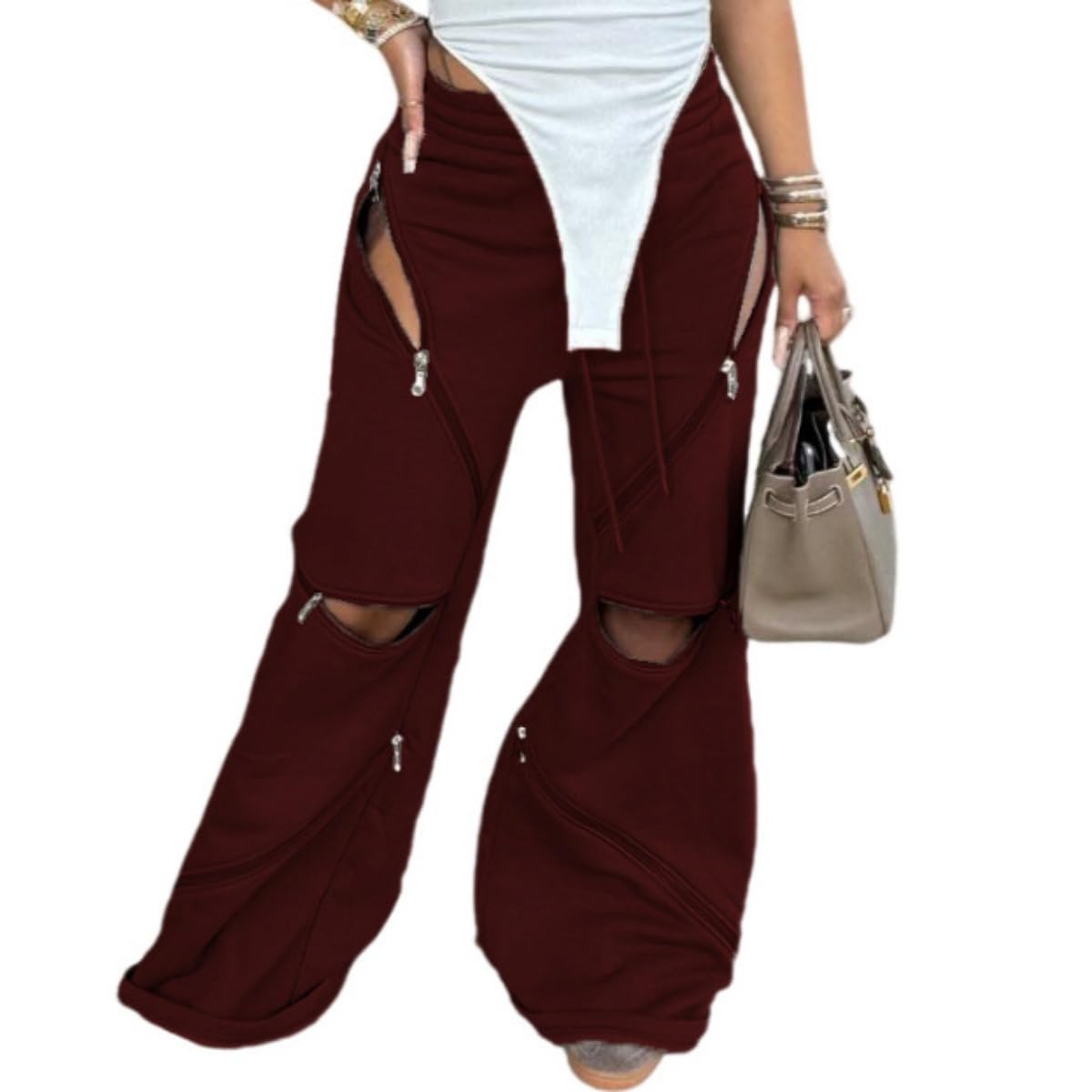 Ynaeidta Casual Sport Pants for Women Fashion High Waist Zipper Hole Hollow Out Pants Trousers Wine Medium