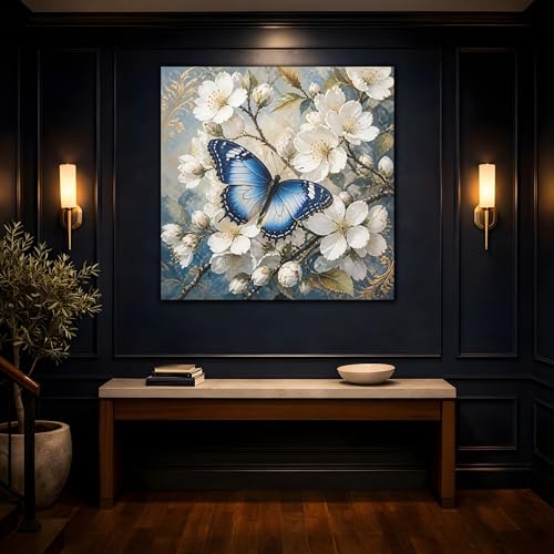 Tableau papillon bleu 16x16" élégant au-dessus d'une console - 4