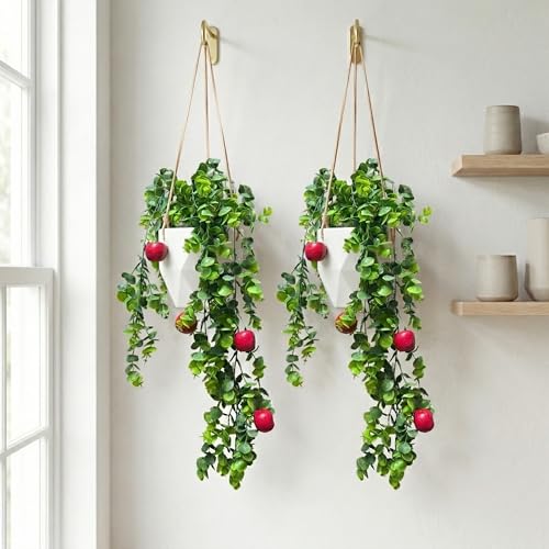 Image of Dekorly 2 Pack Artificial Plants Artificial Hanging Plants Faux Eucalyptus Leaf Greenery Fake Hanging Eucalyptus Plant (Green) (2, Cherry)