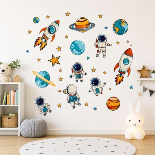 Image of Space Theme Wall Sticker for Ki-ds | Self Adhesive Astronaut, Rocket & Planet PVC Wall Decal for Nursery, Bedroom & Playroom Decor