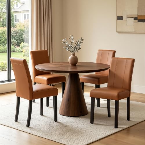 Image of CHUN YI Dining Chairs Set of 4, Faux Leather Dining Room Chairs, Upholstered Modern Kitchen Parsons Chairs for Dining Room with Sturdy Wood Legs, Light Brown (Only Chair)