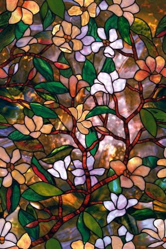 Image of ELTON 3D Window Privacy Self Adhesive Decorative Vinyl Film for Bathroom Door Window Heat Control Anti UV (2 x 50 feet, Green Flower)