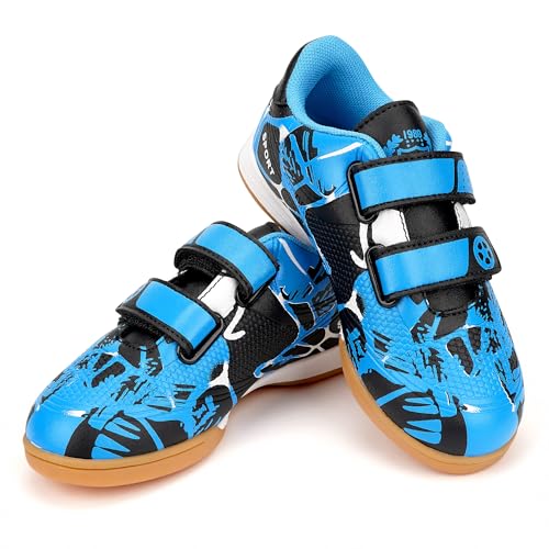 Linkidea Kids Laceless Indoor Soccer Shoes, Rubber Outsole Anti-Slip Sneaker, Futsal Training Cleats for Boys and Girls (Blue)4