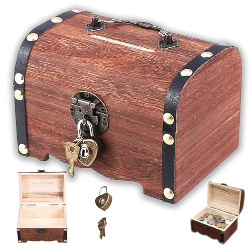 Jiavlyx Coffre Au Trésor en Bois Vintage, 14.5 * 10 * 9.5cm Tirelire en Bois, Petit Coffre en Bois avec Serrure, Vintage Mini Coffre Tresor, pour Stockage, Décoration