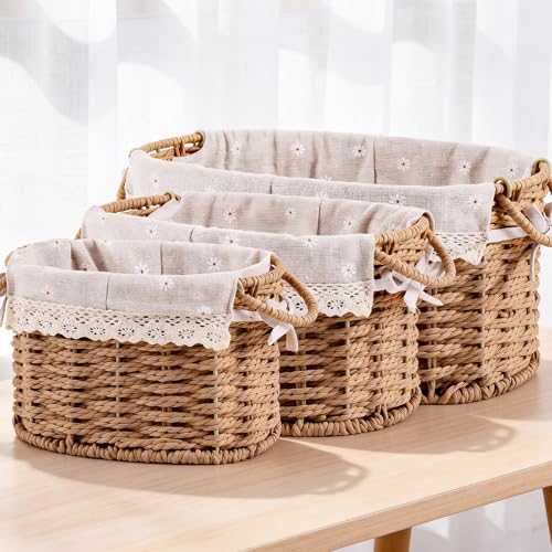 Wicker Storage Baskets for Organizing, 3 Pcs Cute Storage Basket