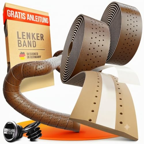 Kellago Profi-Lenkerband in Lederoptik schwarz, braun, weiß, inkl. Kunststoff-Endkappen, E-Book & 4x Klebestreifen für Rennrad oder Gravelbike