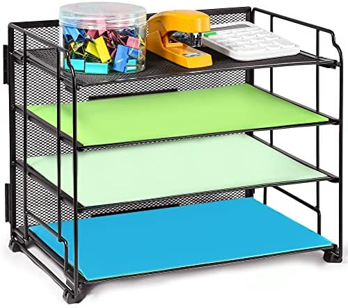 SUPEASY Desktop File Organizer, Mesh File Organizer with 4 Letter Trays,Easy Installation, Desk Organizer for Office, School and Home, Black