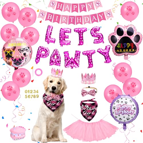 homdat Hunde-Geburtstagsparty-Zubehör, Hunde Geburtstag Mädchen, Hund Geburtstag Set with Dreieck Bandana Krone Hut Schal Kragen Bow Happy Birthday Banner, Geburtstagsparty-Dekorationen (Rosa)