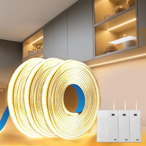 BRIMETI Ruban LED Pile COB 3x1M 3000K Blanc Chaud 320LEDs/M 5V Alimentée à Batterie Bande LED Autocollant Flexible Éclairage Découpable Meuble Chaussure...