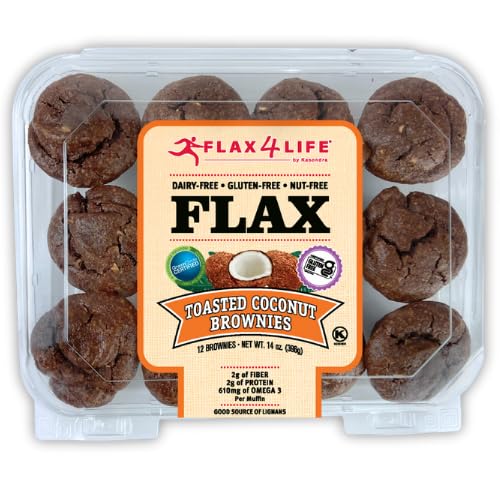 Flax4Life Toasted Coconut Brownies - Gluten-Free, Dairy-Free, Nut-Free, Soy-Free, Kosher - Made with Flaxseed for Fiber, Omega-3, and Protein - 12 ct Brownies Per Pack (Pack of 6)