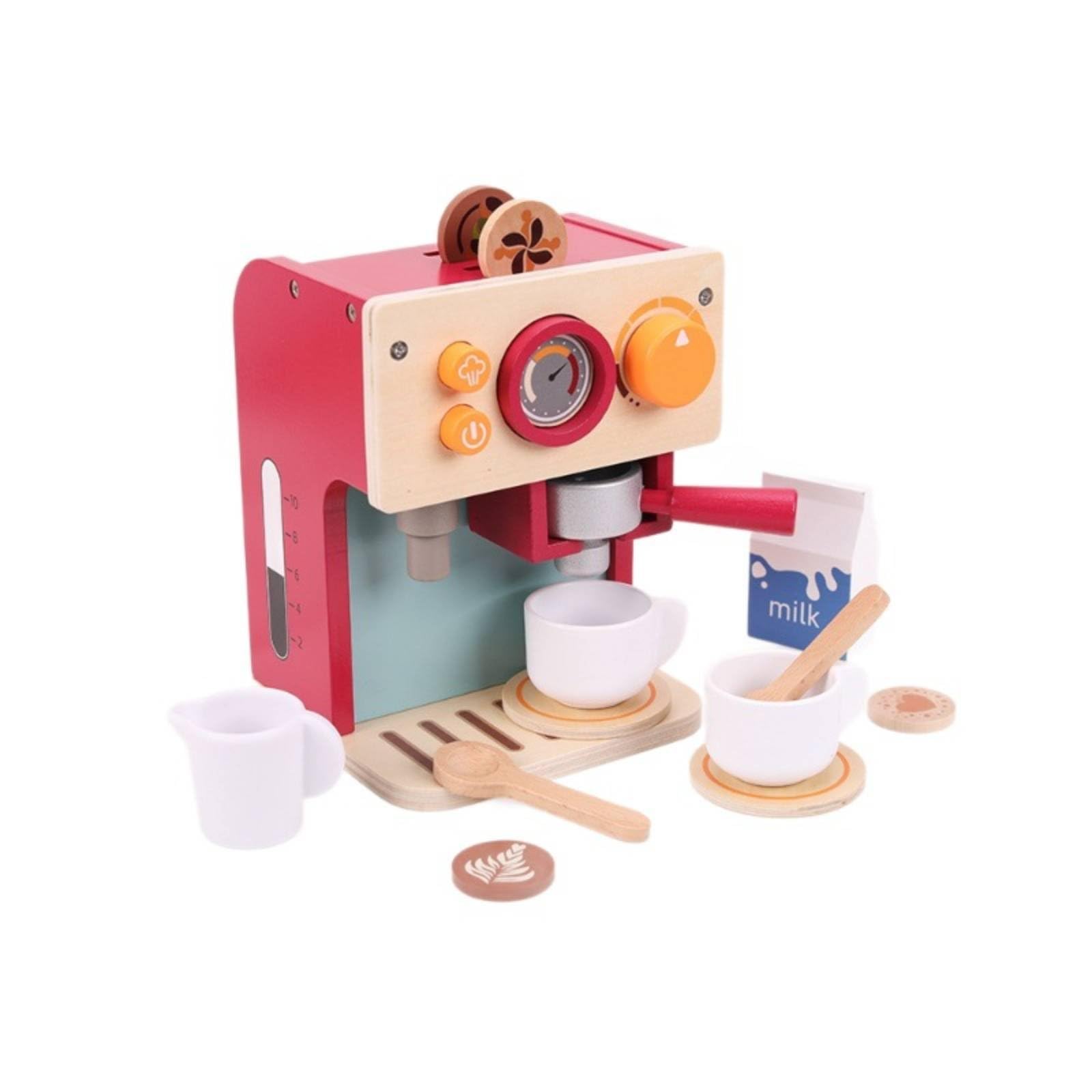 Colcolo Children Play Kitchenware Wooden Toy Machine With Maker Set Cups Spoons Coffee Pieces Knobs Portafilter Handle storage rack suitable for pretend kitchen café role play nursery