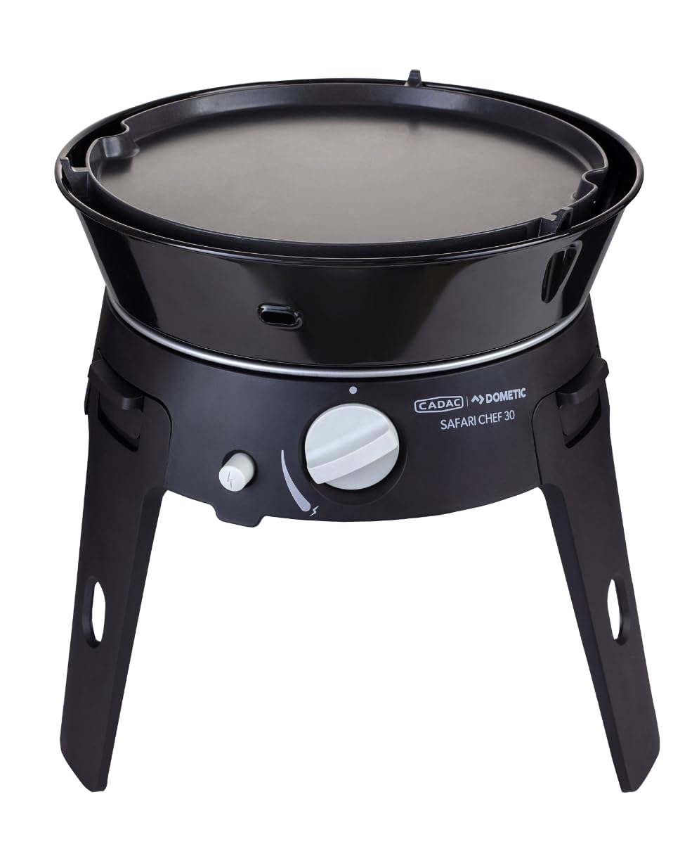 Barbacoa de gas portátil CADAC Safari Chef 30 HP – Parrilla versátil con revestimiento GreenGrill, plancha, tapa y bolsa de transporte – Ideal para camping - Uso en exteriores