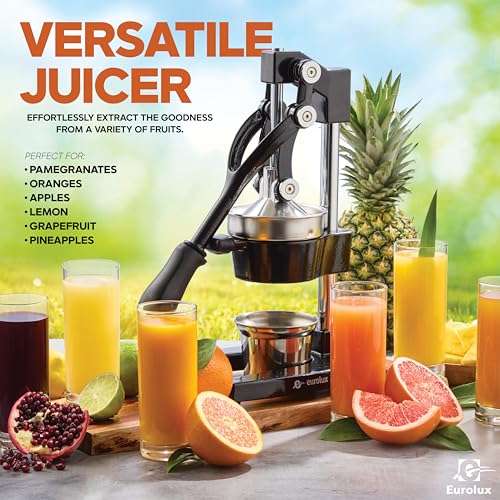 Image of Eurolux Ultra-Premium Cast Iron Juicer | Extra-Large, Heavy Duty, Commercial Grade, Stainless Steel Manual Hand Press Citrus Squeezer For Fresh Orange Juice, Pomegranate, Lemon, and Much More (Black)