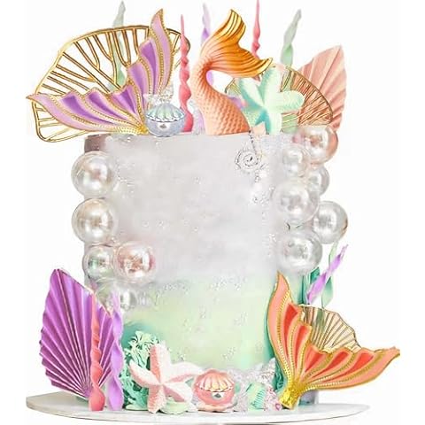 Mermaid Cake Topper,33PCS Little Mermaid Cake Toppers For Girls 2 3 4 5th Birthday Mermaid Tails Seaweed Bubbles Shells and Golden Ginkgo Leaves Cake Set for Mermaid Under the sea Cake Decor Cover