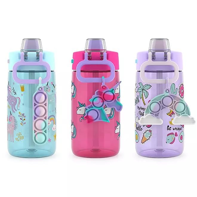Miniatura 3 de Ello Colby Pop! Botella de agua Tritan de 14 onzas para niños con juguete para ansiedad, paquete de 3 (Sky High)