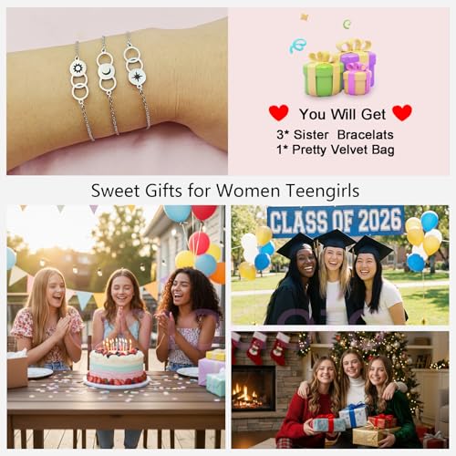 Image of 2 & 3 Pcs Triple Heart Link Sister BFF Bangle Bracelet Set | Matching Bestie Friendship Jewelry, Mother's Day Graduation Gifts for Women Teengirls