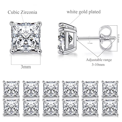 Stud Earring Set for Women Men 18K Yellow/White Gold Plated Princess Cut 4 Prong Graduated Square Clear Cubic Zirconia Pakc of 6 Pairs 3-7mm2