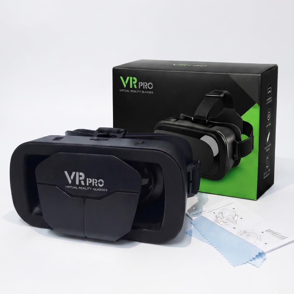 Black VR PRO Virtual Reality Glasses Headset, Black, Adjustable Head Strap, with Cleaning Cloth-image-3