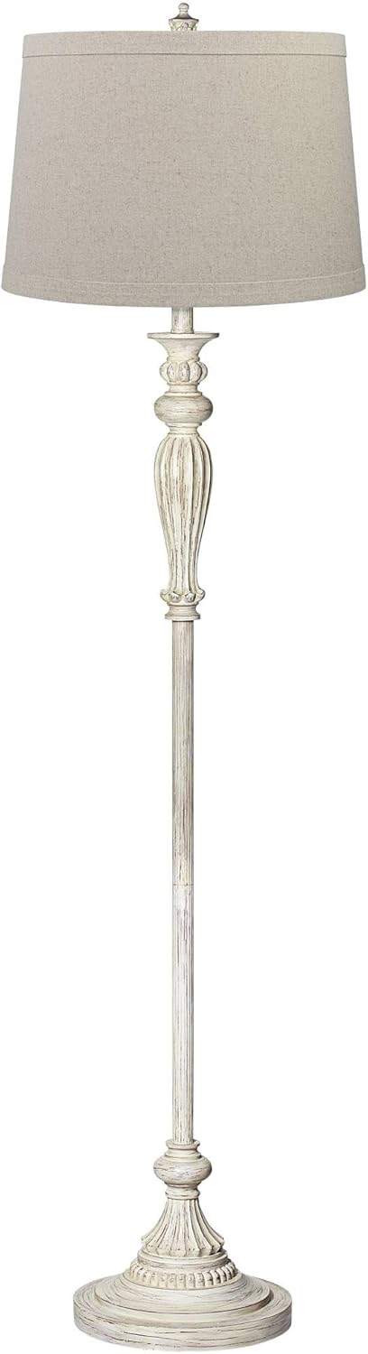 360 Lighting Traditional Vintage Shabby Chic Standing Floor Lamp 60" Tall Antique White Washed with Tan Burlap Tapered Drum Shade Decor for Living Room Reading House Bedroom Family Home