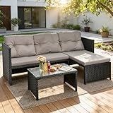 3PCS Rattan Garden Furniture Set, Outdoor Patio Furniture with Chaise Lounge, Glass Coffee Table and Cushions, All-Weather Wicker Sectional L-Shaped Corner Sofa Set Set for Garden, Balcony or Terrace