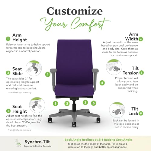 Image of HON Ignition 2.0 Ergonomic Office Chair with Adjustable Arms, Advanced Synchro‑Tilt Recline, Upholstered Desk and Computer Chair for Home Office or Workstation, Titanium Frame, Iris