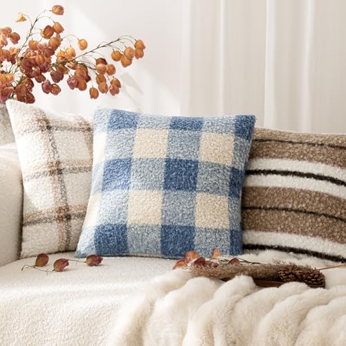 Image of Foindtower Pack of 2 Soft Faux Fur Boucle Throw Decorative Pillow Covers Fuzzy Accent Check Cushion Sherpa Boho Farmhouse Pillowcase for Couch Sofa Bed Living Room Home Decor 20x20 Inch,Dusty Blue