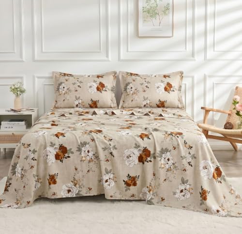 Image of BSB HOME 210 TC Cotton Feel Double Bedsheet with 2 Pillow Covers, Soft & Breathable Floral Printed Bed Sheet, Easy Care Bedding for Bedroom - 86 x 88 Inches (218 x 224 cm) (Warm Ecru)