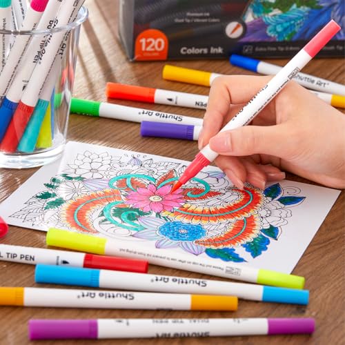 Shuttle Art 120 Colors Dual Tip Brush Art Marker Pens with 1 Coloring Book, Fineliner and Brush Dual Tip Markers Set Perfect for Adult Artist Calligraphy Hand Lettering Journal Doodling Writing by Shuttle Art - Used condition - Image 7