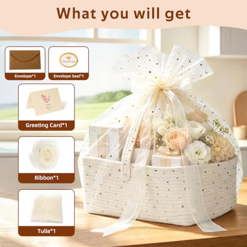 Large Woven Basket for Gifts Empty, Storage Basket 15" x 11" x 6.5" with Glitter Tulle, Ribbon and Card Paper, One-Handle Design, DIY Time for Holiday Gifts, Baby & Pet Toys, Graduation - White - Image 3