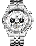 FORSINING ORKINA Mens Luxury Mechanical Tourbillon Multifunctional Watches, Self-Wind Automatic Wrist Watch, Stainless Steel Strap, 46mm Big Dial with Day & Month Sub Dial,Silver White