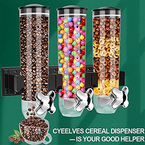 Cyeelves Triple Food Dispenser Wall Mounted Cereal Dispenser, Grains Dispenser Wall Mounted Dry Food Dispenser with 3 Cup, Candy Dispenser Snack Container for Kitchen Store Nut Coffee Beans 4.5L