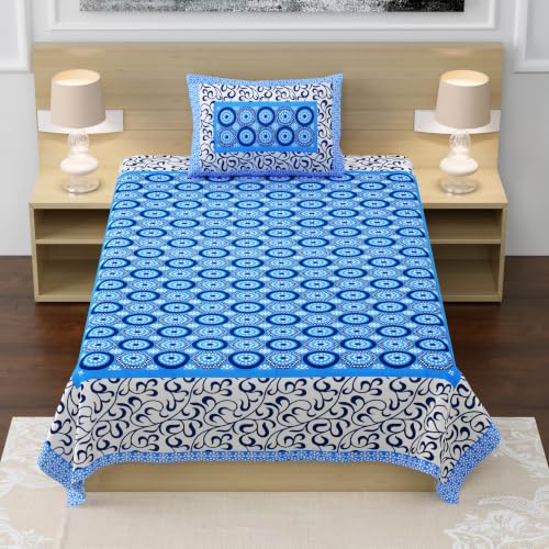 Image of RajasthaniKart Pure 100% Cotton Single Bed Sheet with 1 Pillow Cover (Bedsheet for Single Bed Cotton, Blue Circles)
