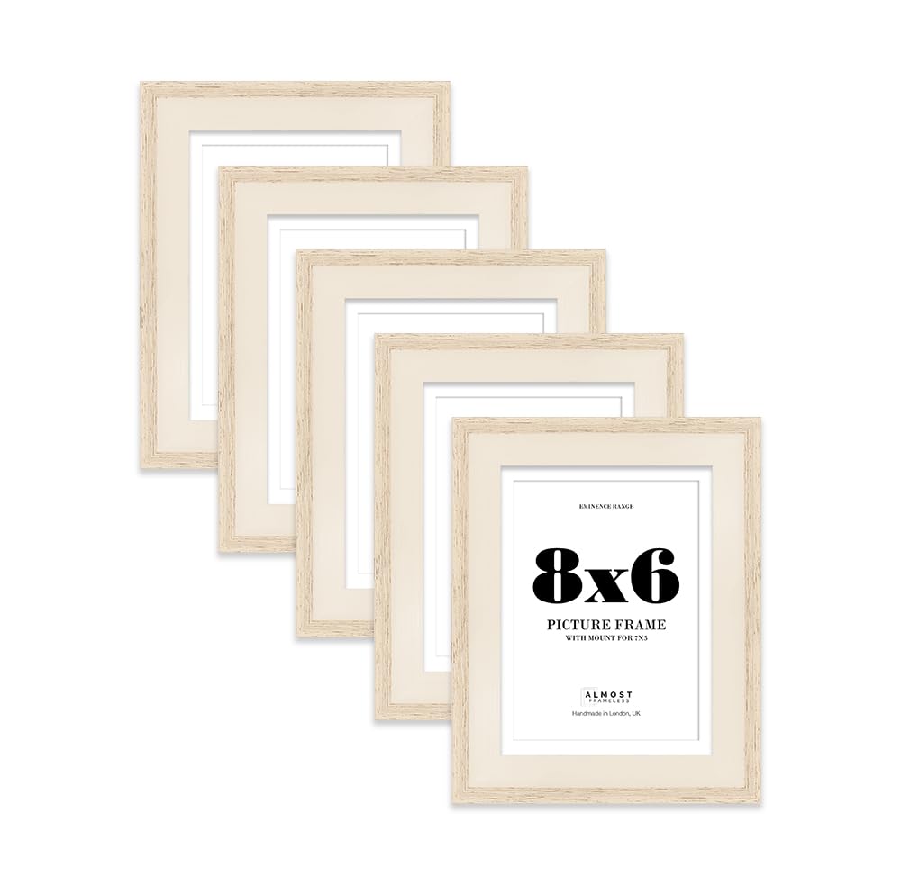 8x6" Oak Picture Frame with 7x5" Mount - Shabby Chic Photo Frame with Distressed Finish, Wall Hooks and Kickstand, 32mm Edge - 5 Pack