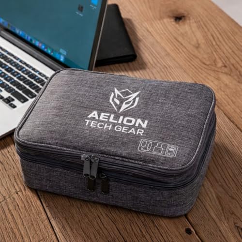 AELION Tech Gear Elektronik Organizer Tasche für Kabel, Ladegeräte & Powerbank – Kabeltasche Reise Organizer mit 2 Reißverschlüssen, Zubehör Tasche für Technik, Büro & Reise, Grau