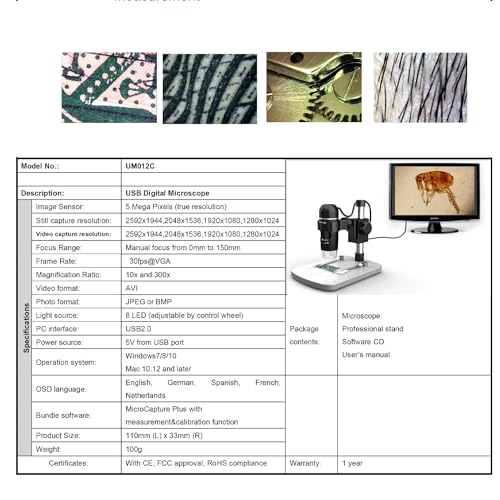 Image of 5 MP 300x Handheld USB Digital Microscope Pro with 8 LEDs Brightness Adjustable Measurement Software