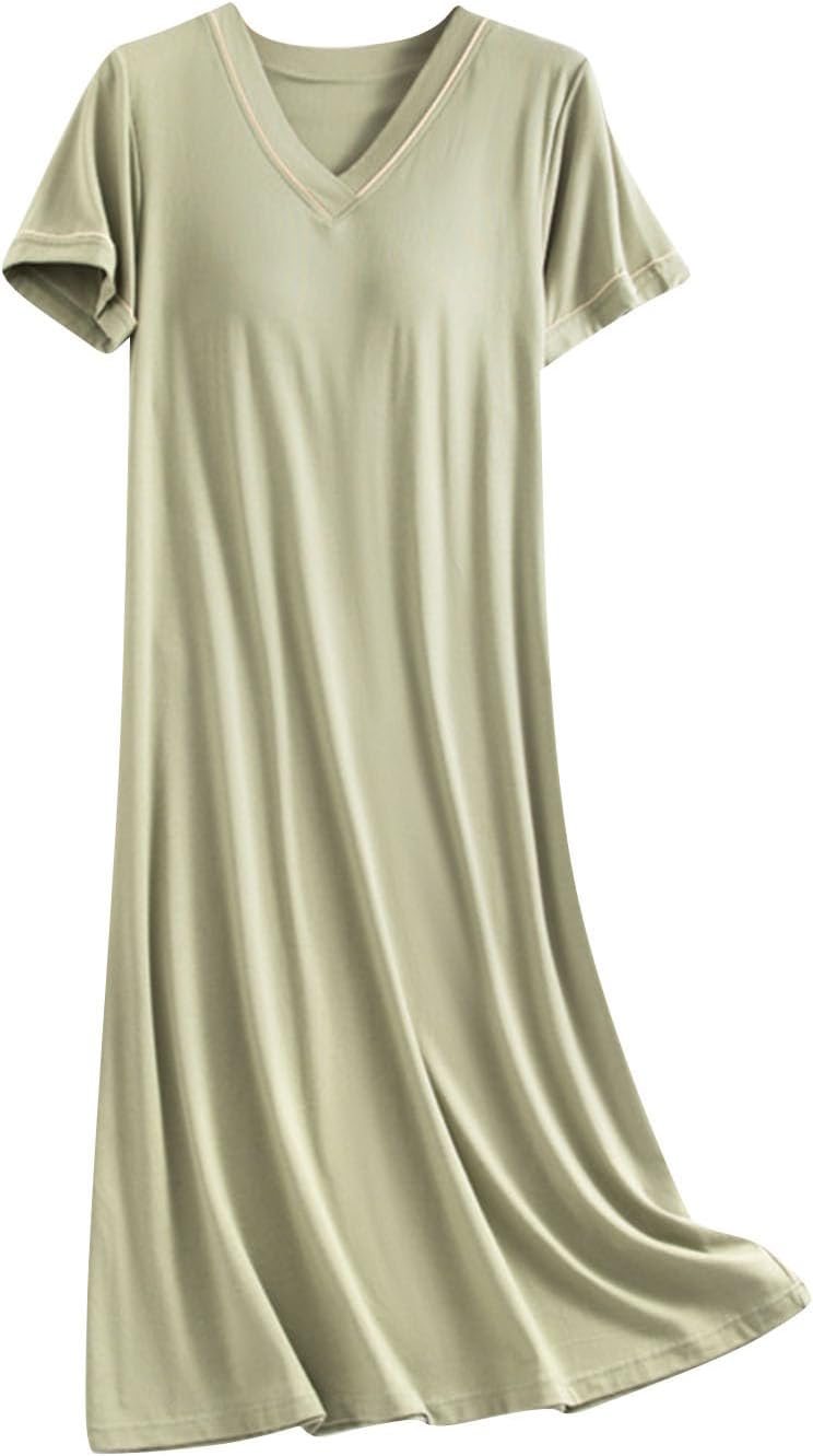 Women Short Sleeve Nightgowns Comfy Sleepwear Built in Bra Sleepshirts V Neck Cotton Sleep Shirts Pajama Dress