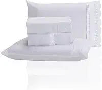 Jogo de Lençol Queen 3 Peças Percal 400 Fios Bordado Inglês - Tecido Acetinado, Macio e Confortável (Branco, Queen)