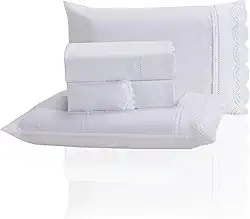 Jogo de Lençol Queen 3 Peças Percal 400 Fios Bordado Inglês - Tecido Acetinado, Macio e Confortável (Branco, Queen)