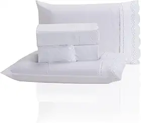 Jogo de Lençol Queen 3 Peças Percal 400 Fios Bordado Inglês - Tecido Acetinado, Macio e Confortável (Branco, Queen)
