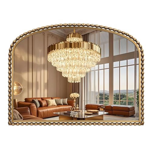 CAVINHOME 40x30 Inch Wide Arch Wall Mirror, Antique Gold Beaded Frame, Large Horizontal Mantel Mirror for Fireplace, Living Room or Sofa Wall, Decorative Wall Mounted Mirror