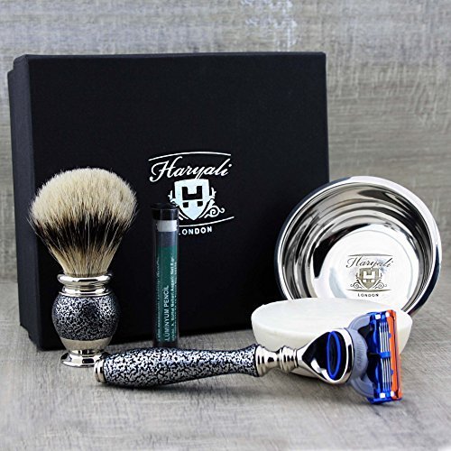 Haryali London Silver Antique męski zestaw do golenia z 5-kątnym brzytwą, szczotka do włosów borsuka, miseczka do golenia, mydło do golenia i sztyft z ałunem
