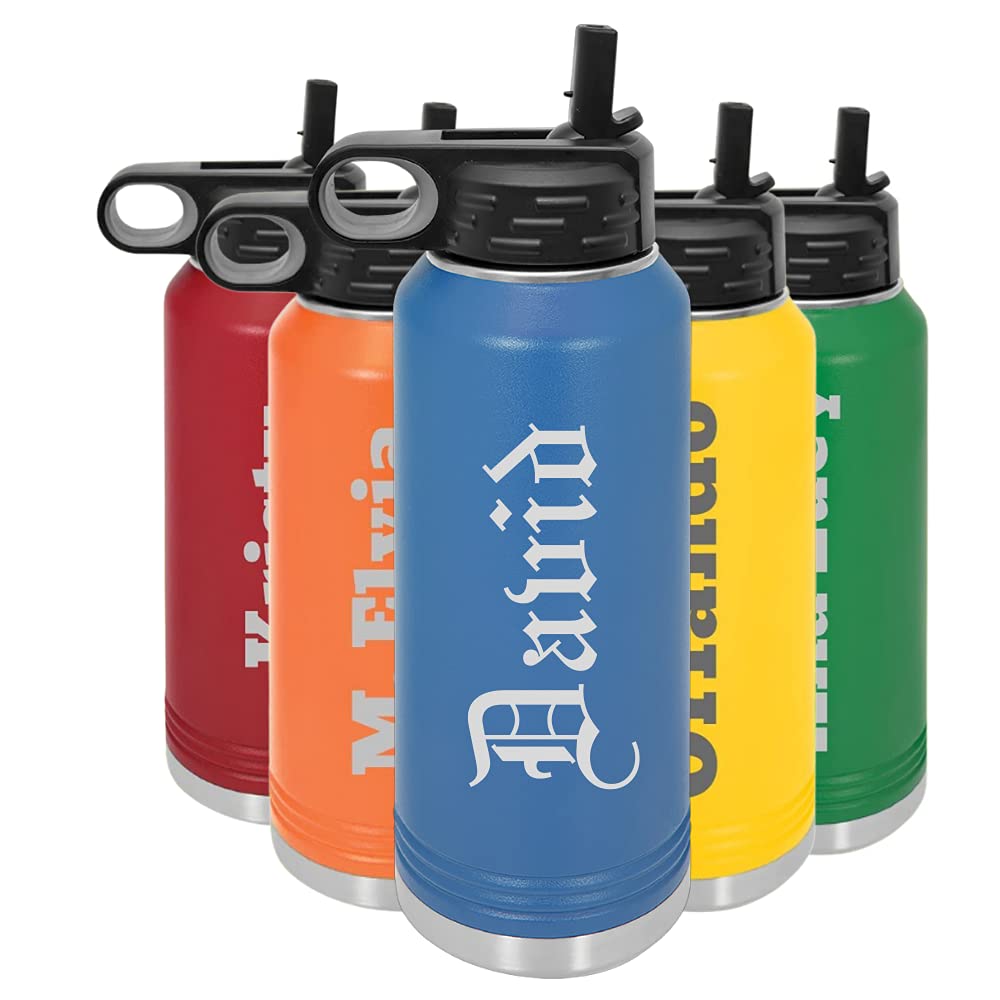LAS VILLAS DESIGNS Personalized Water Bottles 32oz with Flip-Top Lid and Straw (BLUE)